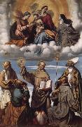 MORETTO da Brescia Saint Bernardino with Saints Jerome,Joseph,Francis and Nicholas of Bari,Virgin and Child in Glory with Saints Catherine of Alexandria and Clare oil painting picture wholesale